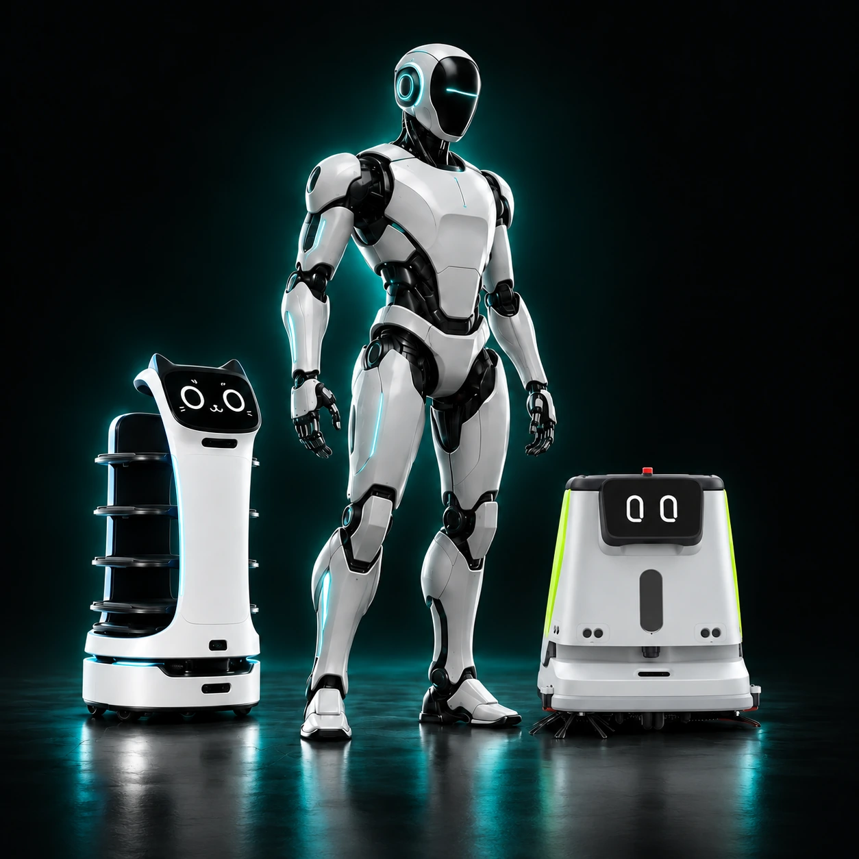 Humanoider Roboter mit BellaBot Serviceroboter links und PUDU CC1 Reinigungsroboter rechts